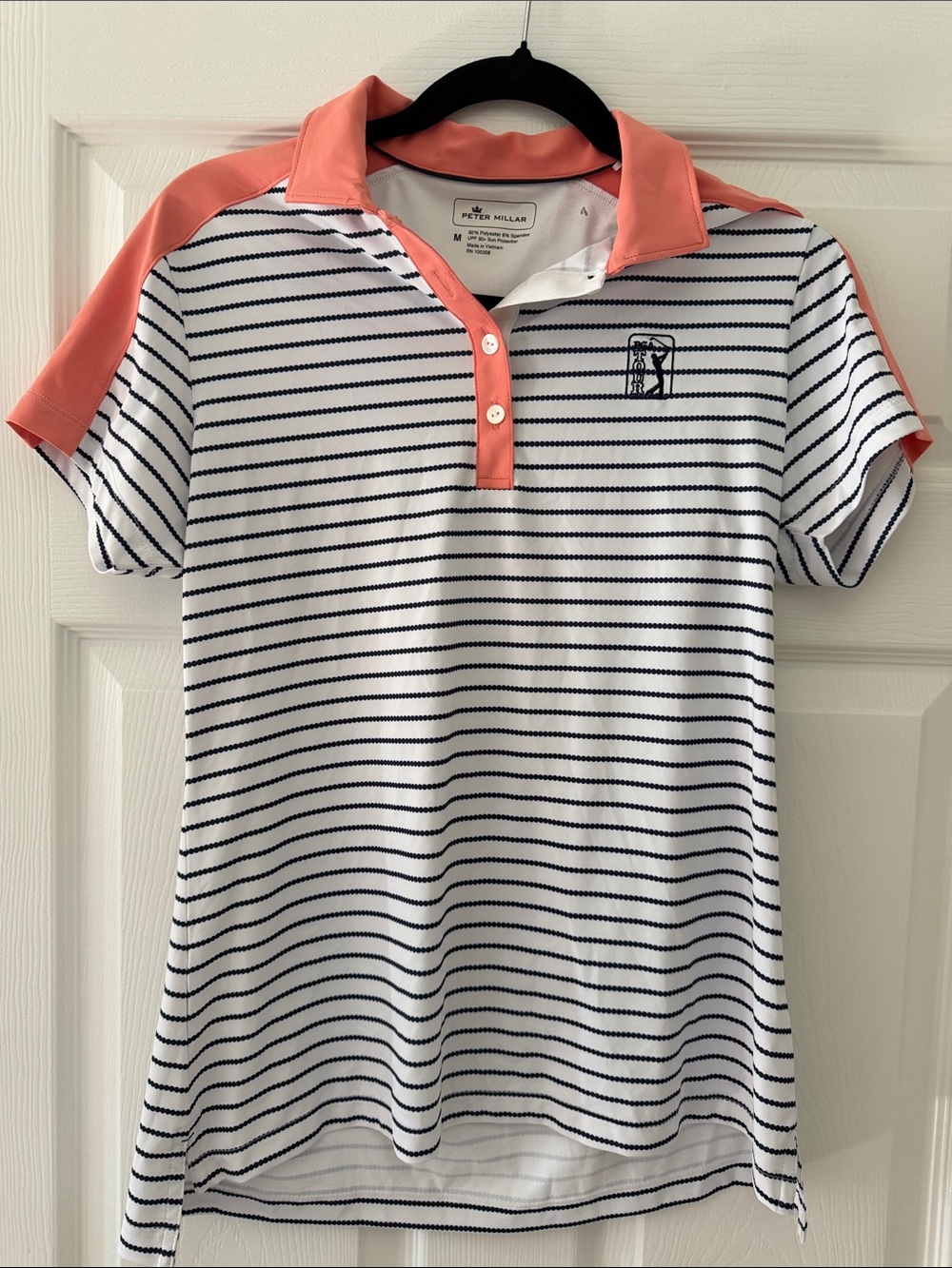 Peter Millar White and Coral Striped Polo Shirt